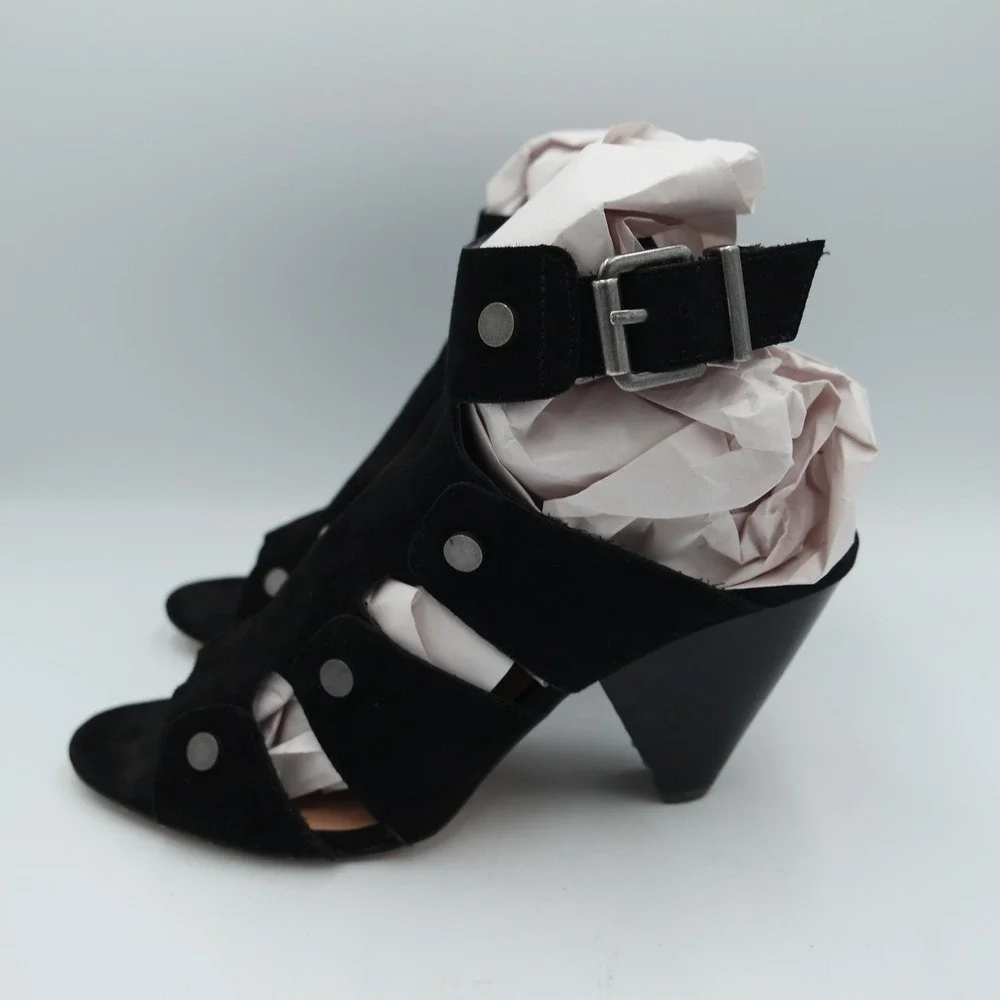 Audrey Brooke Katy Womens Black Suede Studded Cage Cone Heel Sandals Size 7.5